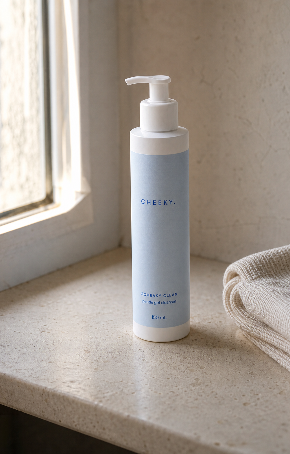 CHEEKY Squeaky Clean cleanser in a softly lit bathroom setting