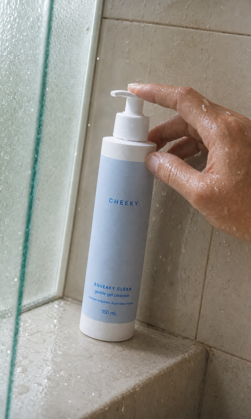 CHEEKY cleanser photographed in a tiled shower