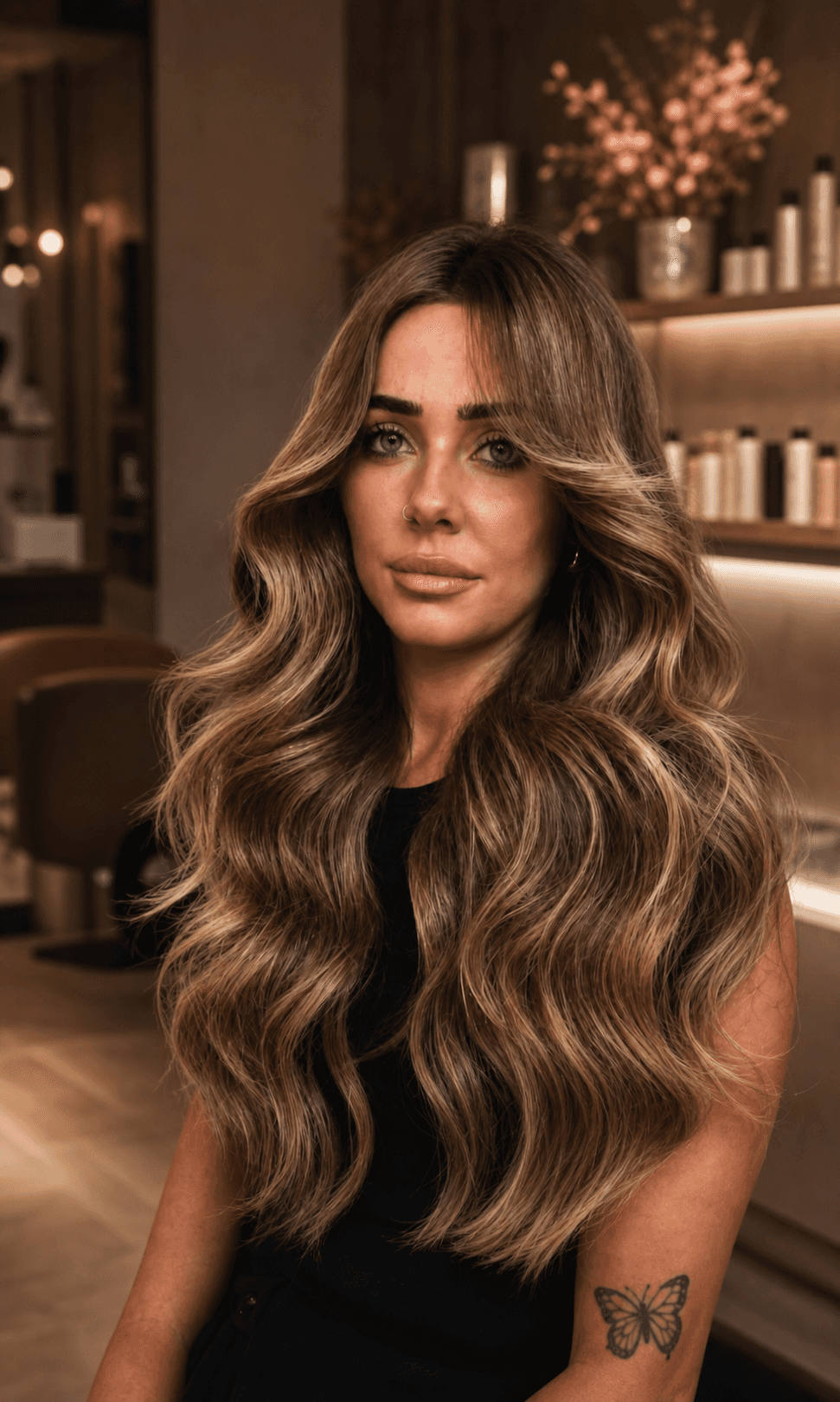 Hair extension result photographed inside a softly lit salon
